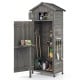 Garden tool storage cabinet with lockable doors, foldable table, and detachable shelves in grey for outdoor.