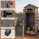 Garden tool storage cabinet with lockable doors, foldable table, and rustic barn door, perfect for outdoor organization.