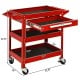 Red rolling tool cart with three trays, sliding drawer, and ergonomic handle for easy mobility and storage convenience.