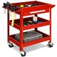 Rolling tool cart in red with three trays, a drawer, and organizer shelf, ideal for garage and workshop storage.
