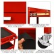 Rolling tool cart in red with three trays, a sliding drawer, and 360-degree rotating casters for easy mobility.