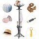 Wood standing coat rack with umbrella stand, featuring 12 hooks and a rotating top tier for versatile storage solutions.