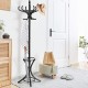 Black wood coat rack with umbrella stand, showcasing a hollow-out design and compact structure for space-saving storage.