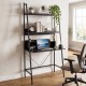 Freestanding black laptop desk with open shelves, ideal for study or living room, featuring a heavy-duty metal frame.