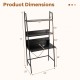 Freestanding laptop desk with open shelves, black metal frame, dimensions 71” high, 34” wide, ideal for compact spaces.