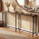 Narrow 71-inch rustic brown console table with integrated power outlet, ideal for small spaces and versatile use.