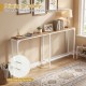 Narrow 71-inch console table with natural wood top, power outlet, and anti-tipping devices for small spaces.