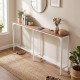 Narrow 71-inch console table with natural wood top, white metal frame, and integrated power outlet for small spaces.
