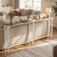 Narrow 71-inch console table with natural wood top, power outlet, and space-saving design for living rooms or entryways.