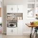 Tall white kitchen pantry cabinet with charging station, multi-door design, and sturdy construction for organized.