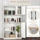 71" tall white kitchen pantry cabinet with multi-door design, metal handles, and built-in charging station for.