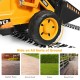 Yellow kids ride-on excavator digger with large wheels, designed for various terrains like grass, asphalt, and brick.