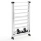 Vertical view of a white folding clothes drying rack with height adjustable wings and non-slip foot pads for stability.