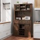 72-inch brown coffee bar cabinet with sliding barn doors, adjustable shelves, wine rack, and ample countertop space.