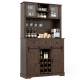 72-inch brown coffee bar cabinet with sliding barn doors, glass hutch, wine rack, and ample storage for kitchens or.