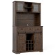 72-inch brown coffee bar cabinet featuring sliding barn doors, glass-door hutch, and ample storage for kitchens and.