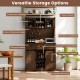 72-inch brown coffee bar cabinet featuring sliding barn doors, glass shelves, wine rack, and spacious countertop for.