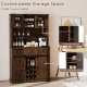 72-inch brown coffee bar cabinet with sliding barn doors, adjustable shelves, and ample storage for kitchens or dining.