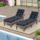Gray outdoor lounge chaise cushions set of 2 feature high back string ties and are designed for optimal comfort and durability.