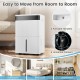 74 pints dehumidifier in white with portable handles and universal casters for easy movement between rooms.