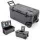 74 quart portable rolling cooler in gray with wheels, flip-up window, and fish ruler, ideal for camping and outdoor use.