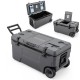 74-quart portable rolling cooler in gray with wheels, fish ruler, and cup holders, ideal for camping and outdoor activities.