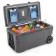 Gray 74 quart portable rolling cooler with flip-up window and two air vents, perfect for outdoor picnics and camping trips.