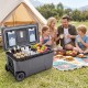 74 quart gray portable rolling cooler with ice bags, cup holders, and fish ruler, perfect for camping and picnics.