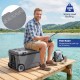 Portable 74 quart gray rolling cooler features a fish ruler, sturdy design, and is ideal for camping and fishing trips.