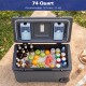 74 quart portable rolling cooler in gray with ice bags, cup holders, and fish ruler, ideal for camping and picnics.