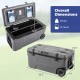 Portable 74 quart rolling cooler in gray with fish ruler, holds 123 cans, ideal for camping and outdoor activities.