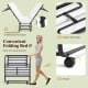 Folding bed with gel memory foam mattress, featuring a heavy-duty metal frame and rolling casters for easy storage.