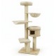 Tall beige cat tree featuring 7 sisal posts, a hammock, and a spacious condo for multiple cats to play and relax.