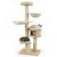 Tall beige cat tree featuring multiple levels, soft cushions, and sisal posts for scratching, perfect for indoor cats.