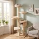 Tall beige cat tree featuring multiple levels, soft cushions, and a rotatable hammock for indoor feline fun.