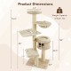 Dimensions of the 75.5" tall beige cat tree with multiple tiers, hammocks, and sisal posts for indoor cat fun.