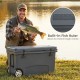 75 quart gray portable hard cooler with wheels, built-in fish ruler, ideal for fishing and outdoor activities.