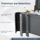 Close-up of the 75 quart portable hard cooler with LLDPE layer, showcasing ice retention features for camping and.