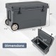 75 quart portable hard cooler in gray with wheels, featuring dimensions for easy transport and ample storage for food.