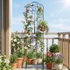 Outdoor metal garden trellis with elegant design, foldable bottom shelf, perfect for supporting climbing plants and flowers.