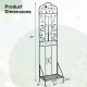 Outdoor metal garden trellis with a foldable bottom shelf, featuring an elegant bird and leaf design for plant support.