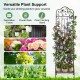 Outdoor metal garden trellis with elegant design, foldable bottom shelf, ideal for climbing plants and space-saving organization.