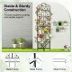 Outdoor metal garden trellis with a black sturdy frame, featuring a foldable bottom shelf for plant organization and support.
