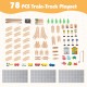 78-piece wooden train set with double-sided board, vehicles, figures, and traffic signs for kids aged 18 months and older.