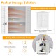 Freestanding white bathroom corner storage cabinet with adjustable shelves, ideal for organizing toiletries and towels.