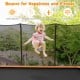 Rectangular 8 x 14 feet trampoline with safety enclosure net, featuring a child jumping for fitness and fun outdoors.