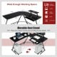 L-shaped black computer desk with movable monitor stand and spacious tabletop, ideal for home office space-saving.