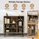 Buffet kitchen storage cupboard in rustic brown with glass doors, adjustable shelves, and open compartments for.
