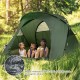 Two-person outdoor camping tent in green with water-resistant fabric, featuring a cot and extra comfort accessories.