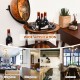 23-inch globe wine bar stand in brown, made of MDF and solid wood, perfect for dining and living room storage.